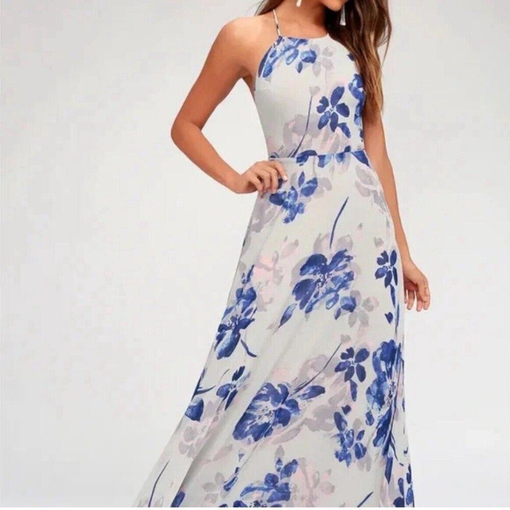 Lulus All I Need Floral Print Lace-Up Maxi Dress‎ in Grey Size Extra Small - Picture 3 of 8